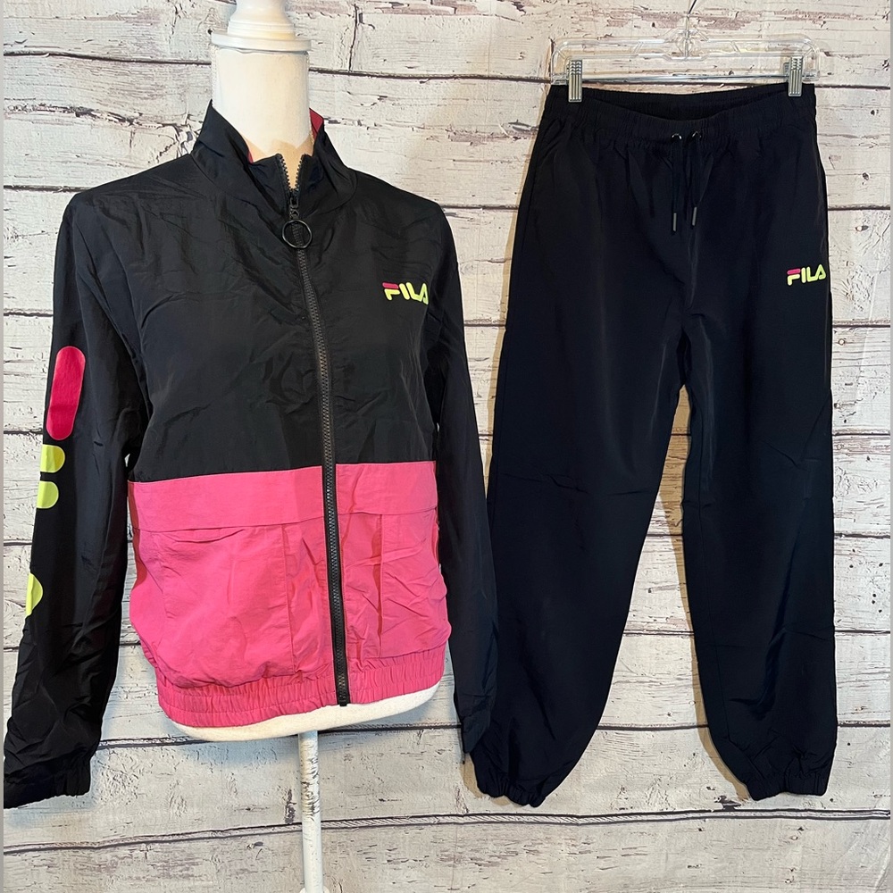 FILA Track Jacket & Pants Black w Pink/Yellow-Medium/Large